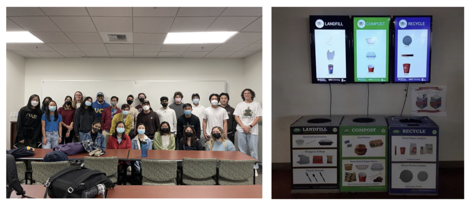 The ZerO Waste Anteaters (ZOWA) team and their ZotBins, deployed in UCI’s West Food Court.