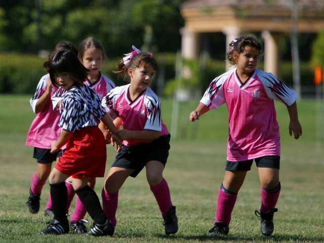 Frankie, Kelsey, Vanessa, and a Dynamite player look for the ball