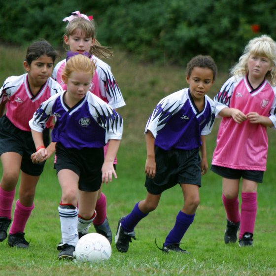 Maryam, Evangeline, and Sara trail two puppies