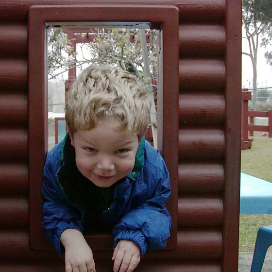 Timothy through the cabin window